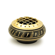 Burner - Black Brass Burner, Low Base, Feather Engraving, Net Top 1.25"Hx2.25"D - Wholesale and Retail Prabhuji's Gifts