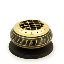 Burner - Black Brass Burner, Low Base, Feather Engraving, Net Top 1.25"Hx2.25"D - Wholesale and Retail Prabhuji's Gifts