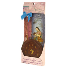 Incense Gift Set - Wood Round Burner + 3 Harmony Incense Sticks & Holiday Greeting (Gaudi, Gaudmalhar, Bhairavi) - Wholesale and Retail Prabhuji's Gifts