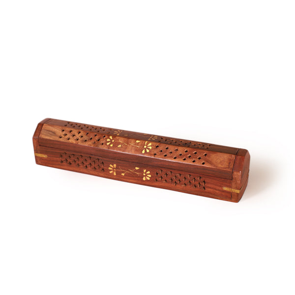 Incense Burner - Wooden Box with Storage - 5 Panel Jali & Flowers