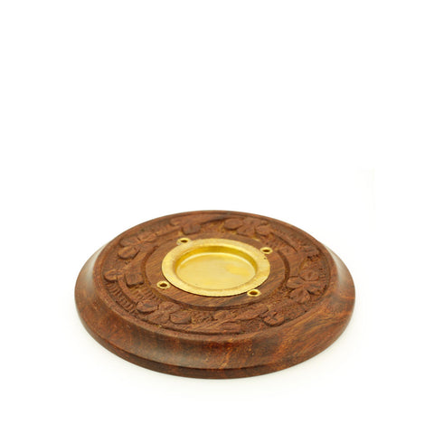 Incense Burner - Wooden Round Plate Flowers - 4 inches