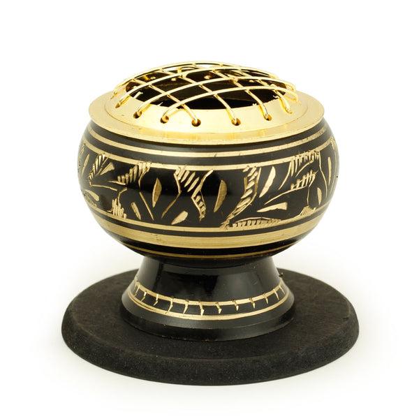 Burner - Black Brass Burner, Medium Base, Fern Engraving, Net Top 2