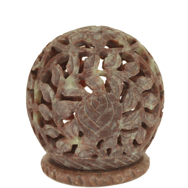 Burner for Cones and Candle Holder - Soapstone Carved Tea-Light Ball - Leaves 3 inches