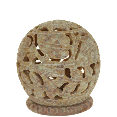 Burner for Cones and Candle Holder - Soapstone Carved Tea-Light Ball - Large leaves 3 inches