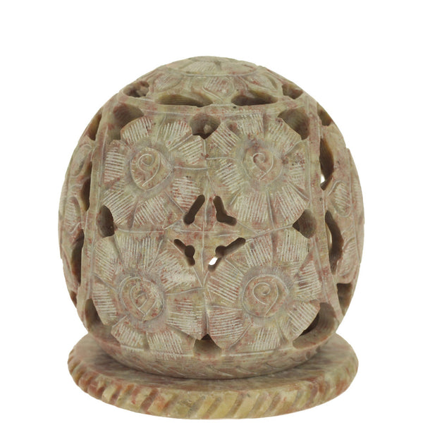 Burner for Cones and Candle Holder - Soapstone Carved Tea-Light Ball - Flowers 3 inches