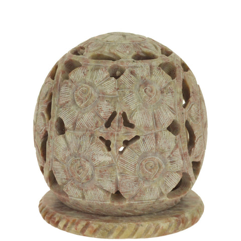 Burner for Cones and Candle Holder - Soapstone Carved Tea-Light Ball - Flowers 3 inches