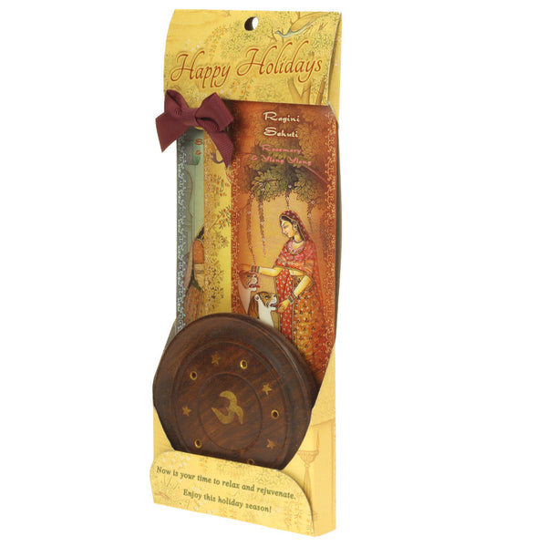 Incense Gift Set - Wood Round Burner + 3 Harmony Incense Sticks & Holiday Greeting (Madhumadhavi, Sehuti, Padmanjari)
