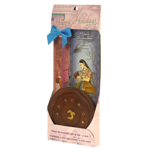 Incense Gift Set - Wood Round Burner + 3 Harmony Incense Sticks & Holiday Greeting (Gaudi, Gaudmalhar, Bhairavi)
