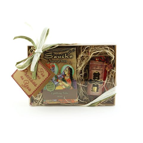 Gift Set - Saucha Bar Soap 'Uplifting Tulsi' and Attar Oil 'Padma' - with Greeting 'For someone as precious as you'