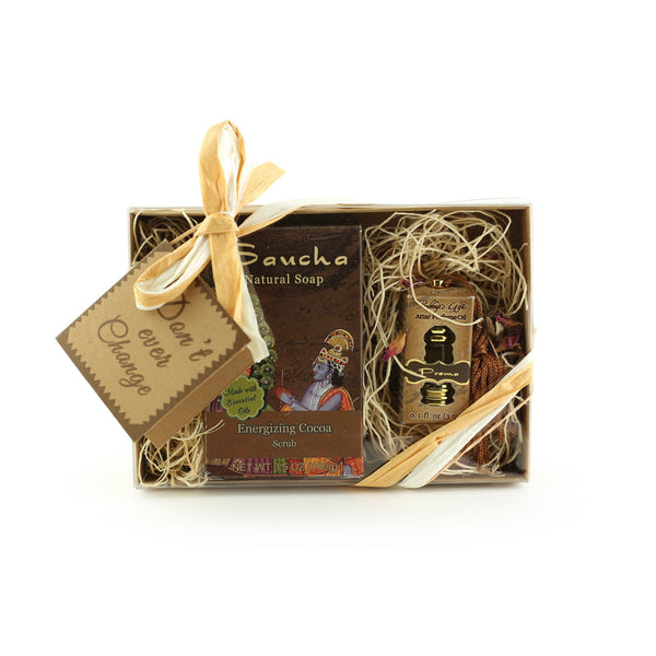 Gift Set - Saucha Bar Soap 'Energizing Cocoa' and Attar Oil 'Prema' - with Greeting 'Don't ever change'